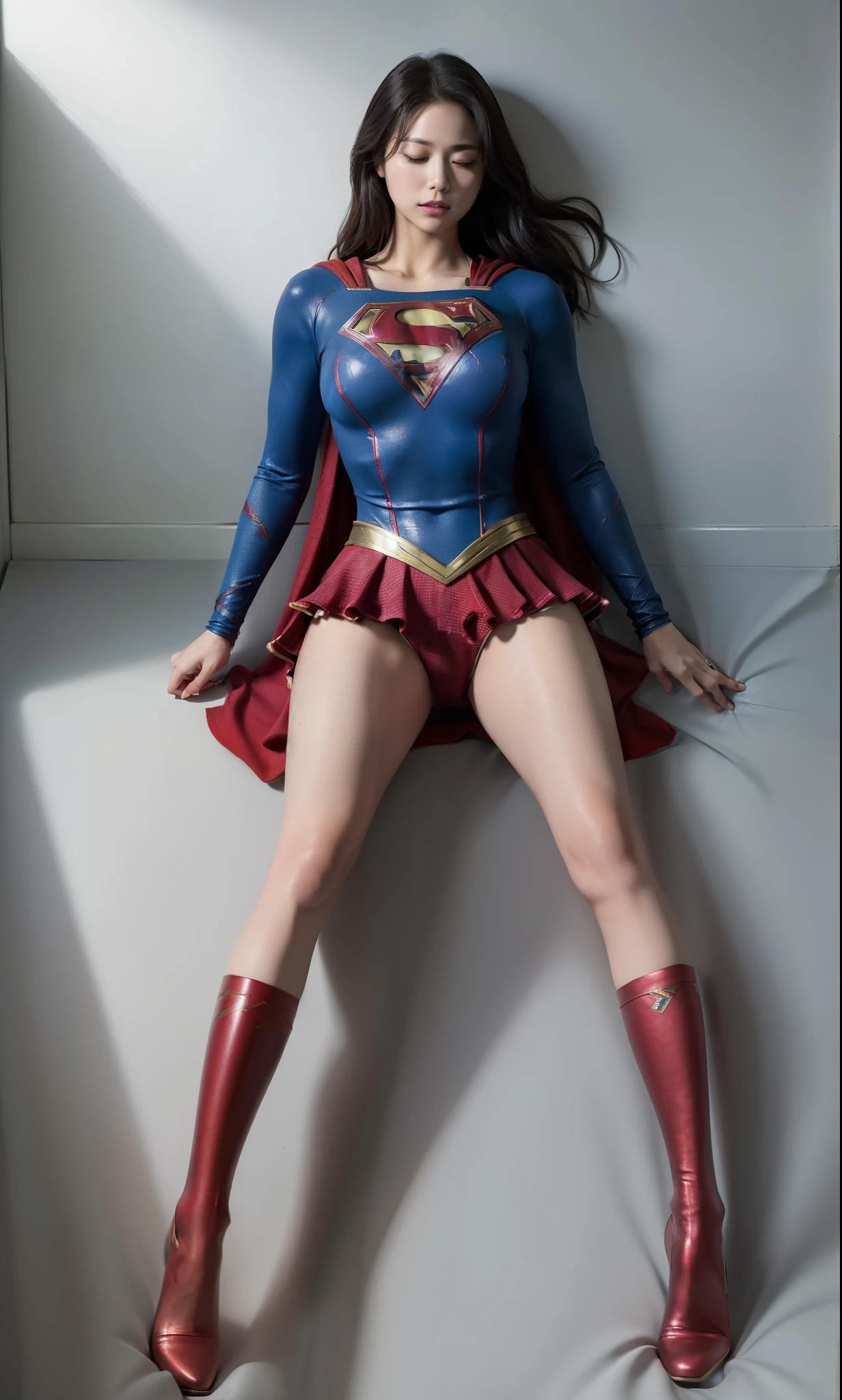 (((Highest quality、8K、masterpiece:1.3))、Supergirl、胸にSupergirlのロゴ、Eyes closed、Head facing down、hang down your neck、Sharp focus:1.2、Beautiful woman with perfect figure:1.4、Slim Abs:1.2、((Layered Cut、Huge boobs:1.2))、Wet body:1.5、非常に詳細な顔と肌の質感Supergirl、Bloodstained、Clothes are shredded、Torn、Highest quality, Familiar, High resolution), 1 Girl, Supergirl、Super Heroine、Bishoujo Warrior、defeat、Lying down'return、fall、knock out、フィットしたSupergirlのコスチューム、Enlarge your breasts、Muscular、alone, From above,sleepy, sleepワイン, Doll joints、sleep、it hurts、it hurts look、syncope、cadaver、Beautiful crotch、High detail、8K