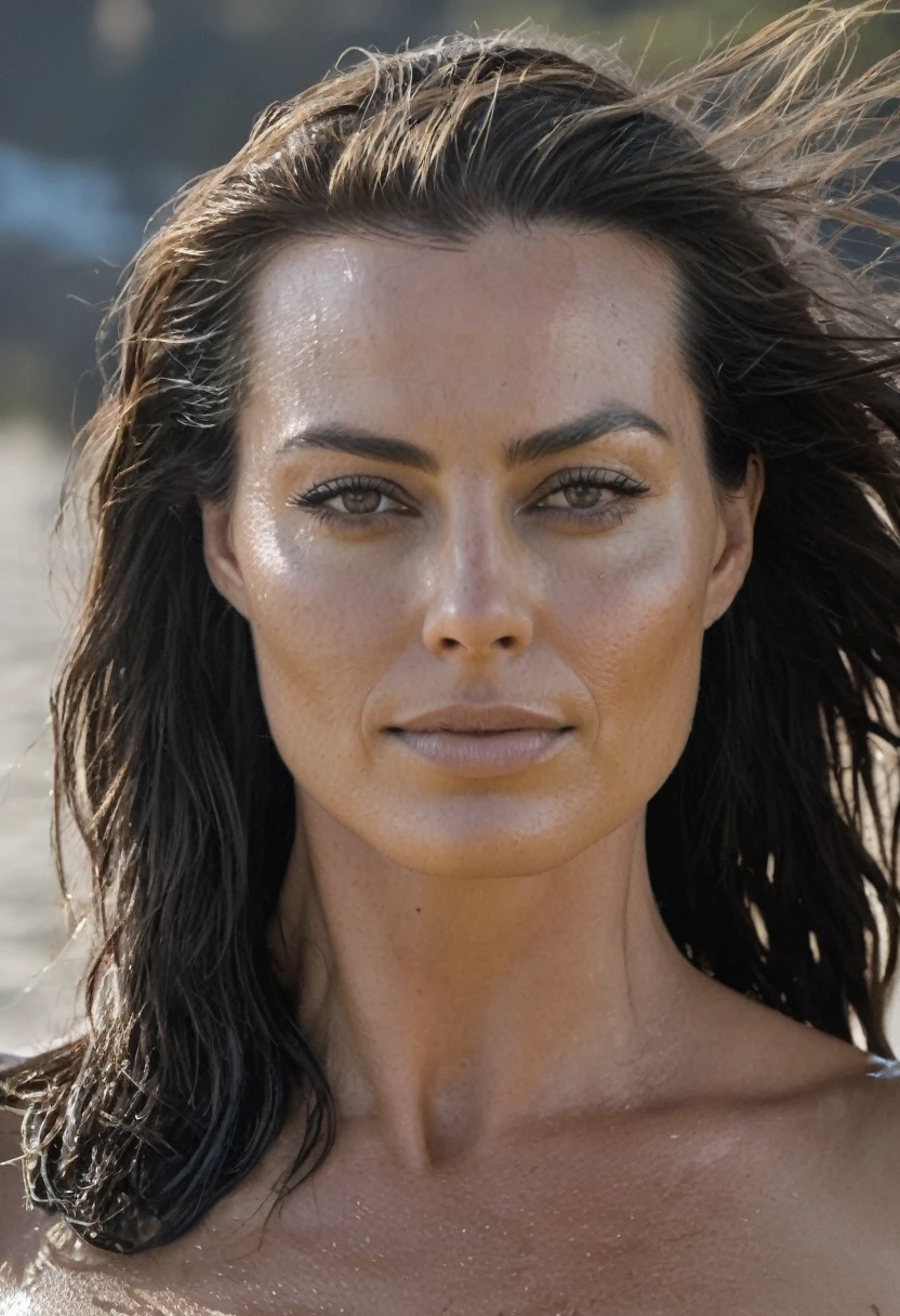high quality celebrity Erotic photo , 40yo woman ( Magrot Robbie, beach side , photorealistic , celebrity , extremely dark color hair ,random click, she is wearing a wet tight MARVEL logo printed t-shirt:1.5, woman ) sunbathing , shiny sweaty skin , sexualized move, ?????? angles, sweaty flat breas,t celebrity ?????? photograph , fit muscular figure , shiny sweaty skin, on beach, celebrity, female, woman, hollywood actress , fleshy muscular woman , ( natural lights, depth of field, detailed face , insanely detailed skin texture, hyper detailed features )
