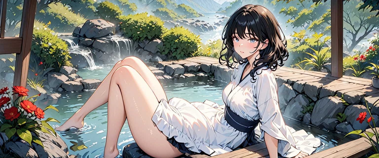 masterpiece,best quality,ultra detailed ,1girl ,black hair ,medium hair ,wavy hair Full-Body hot spring