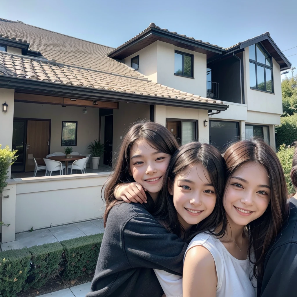 High standard house, with a family hugging each other and a very happy real estate agent on the side.