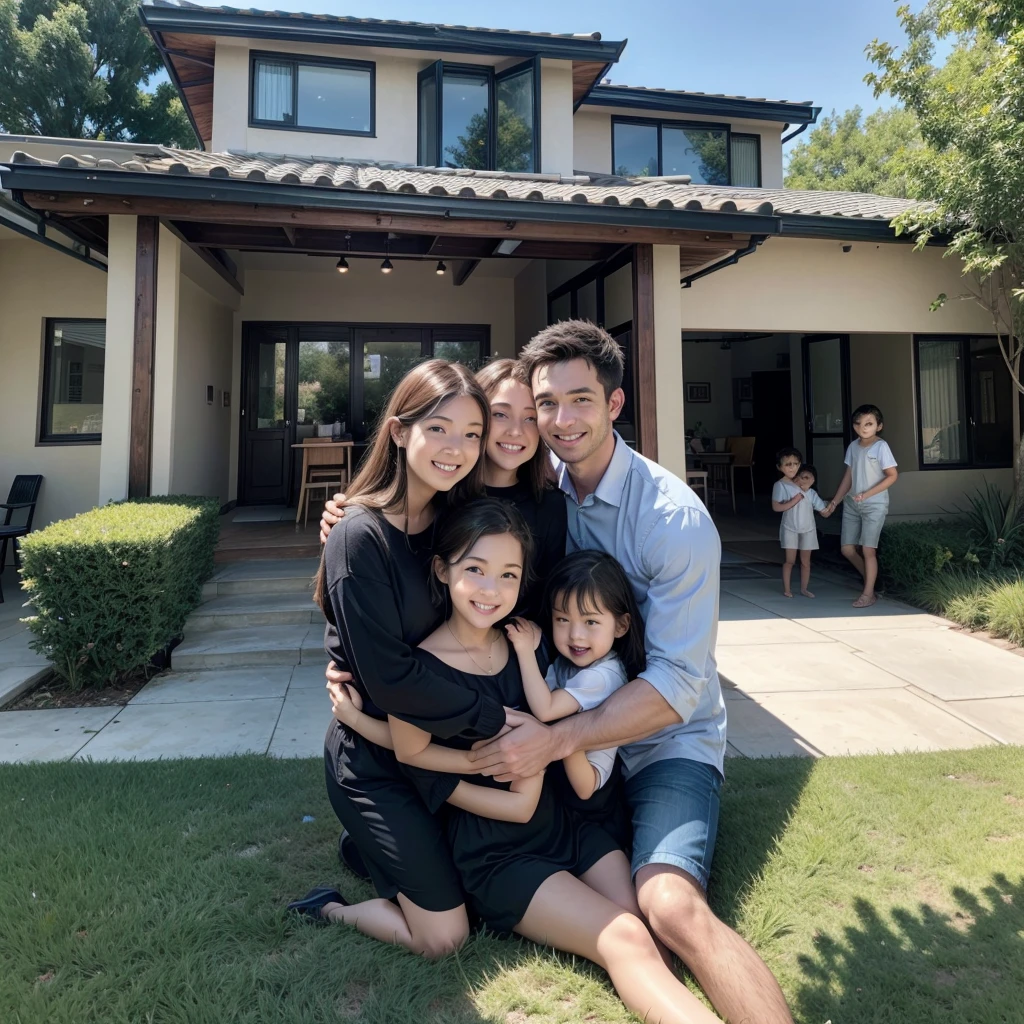 High standard house, with a family hugging each other and a very happy real estate agent on the side.