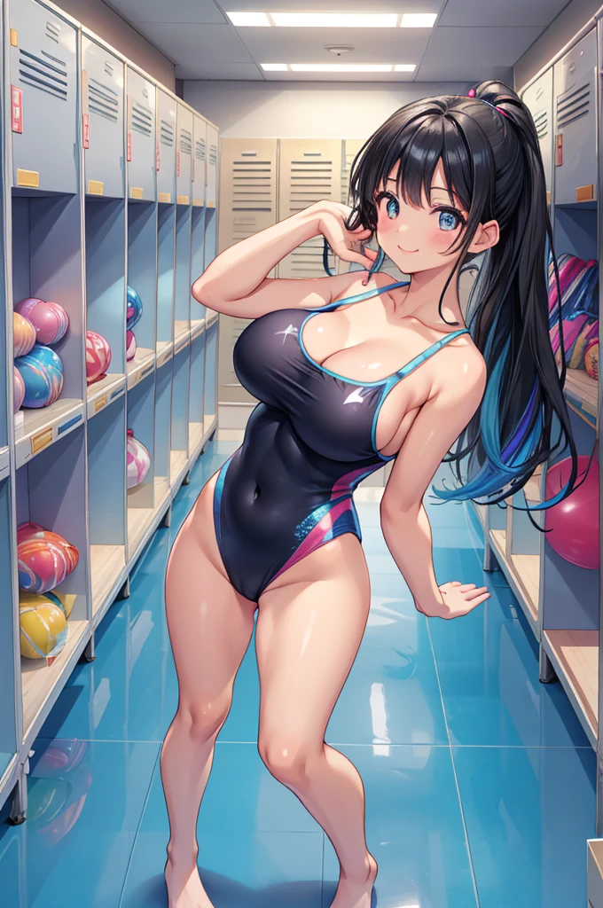 photo of 1 jpn-girls,locker room, crowd, large breast, yoga class, wearing glossy sky-blue colorful rhythmic-gymnastics-leotard, rainbow print, cleavage, body-fit, thighs, bare-legs, big anime eyes with shiny reflection, innocent smile, black hair,long hair,(full body shot)
