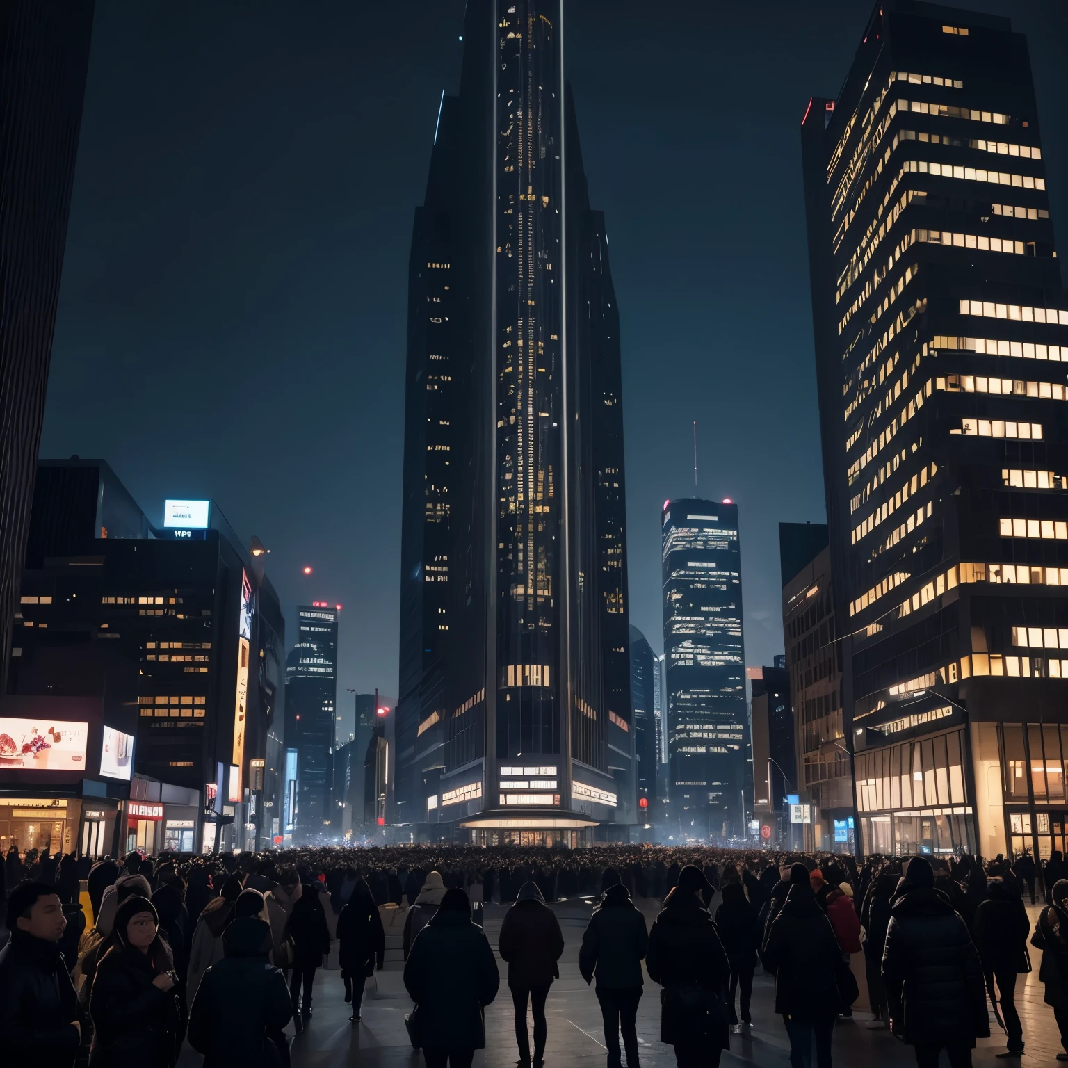 Create a large vertical screen in the middle of the buildings, very large facing people with a black background and on the streets a crowd of people watching the night, a well-lit city, A very beautiful, Realistic Scene 