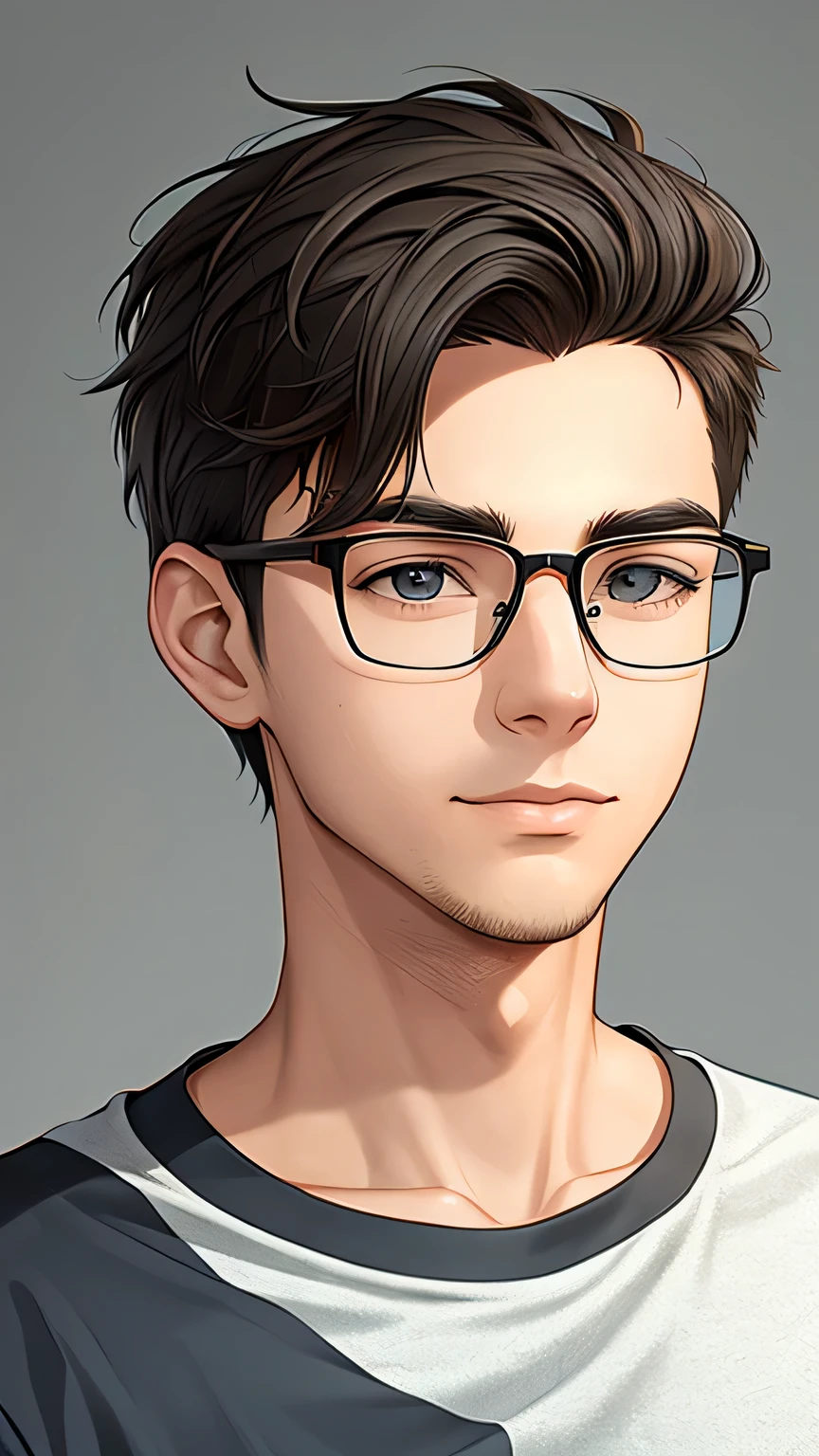 young man with glasses, with gray background, looking towards the camera, cartoon style