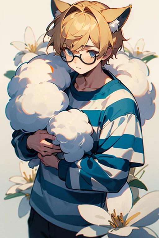 Boy with short blonde hair wearing large striped blue and white long-sleeved t-shirt., plain background, Ultra-high image quality, 8k, with dog ears and fluffy tail, square black glasses and a white flower hair accessory on one side 
