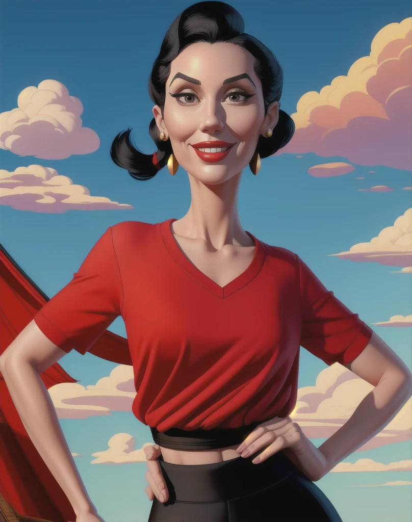 OliveOyl, short black hair with ponytail, black eyes, solo, upper body ,
red shirt , black long skirt, small earrings,
standing,    hips, 
smiling, waterboat,  sunny, clouds,
 (insanely detailed, beautiful detailed face, masterpiece, best quality)
 