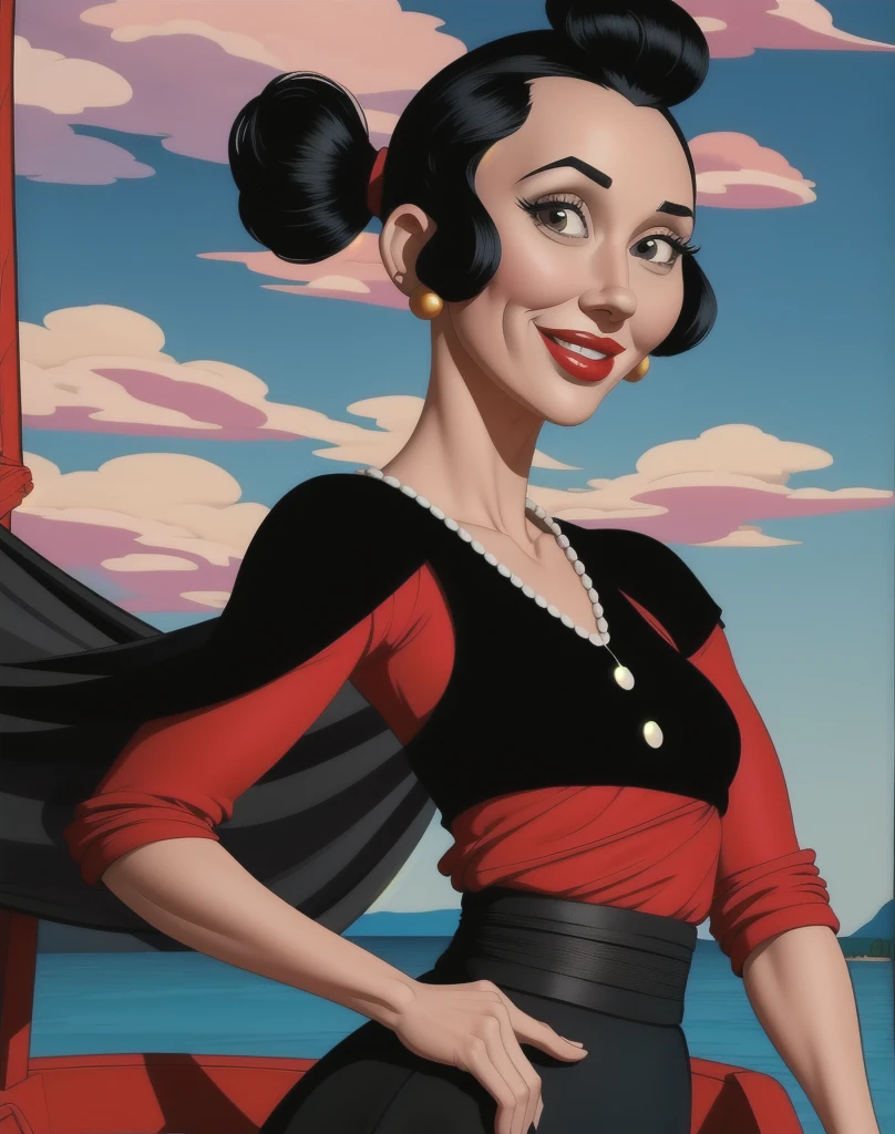 OliveOyl, short black hair with ponytail, black eyes, solo, upper body ,
red shirt , black long skirt, small earrings,
standing,    hips, 
smiling, waterboat,  sunny, clouds,
 (insanely detailed, beautiful detailed face, masterpiece, best quality)
 