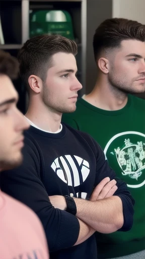 group of young Irish mens gathered in sweatshirts, focus on face
