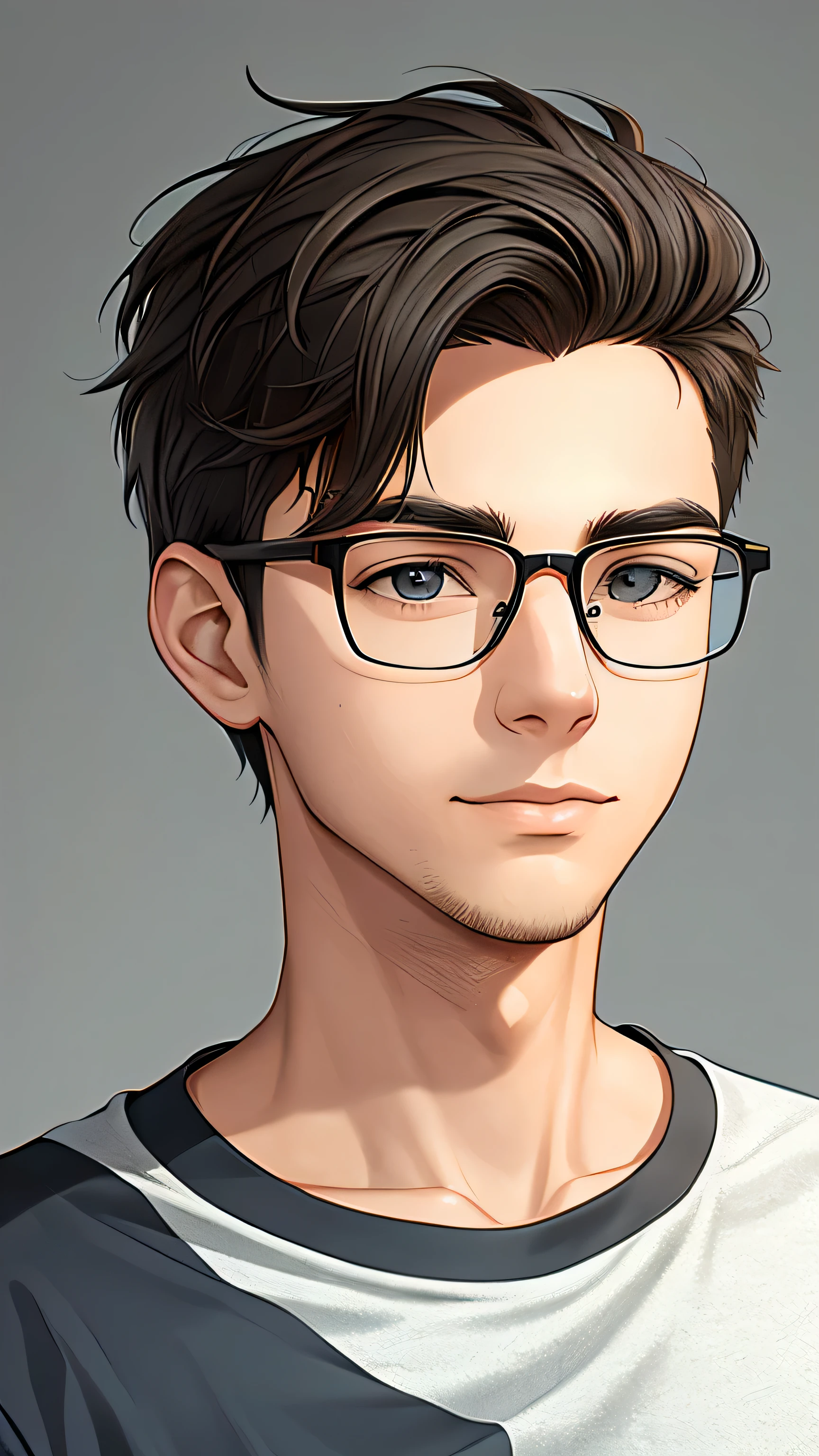young man with glasses, with gray background, looking towards the camera, cartoon style
