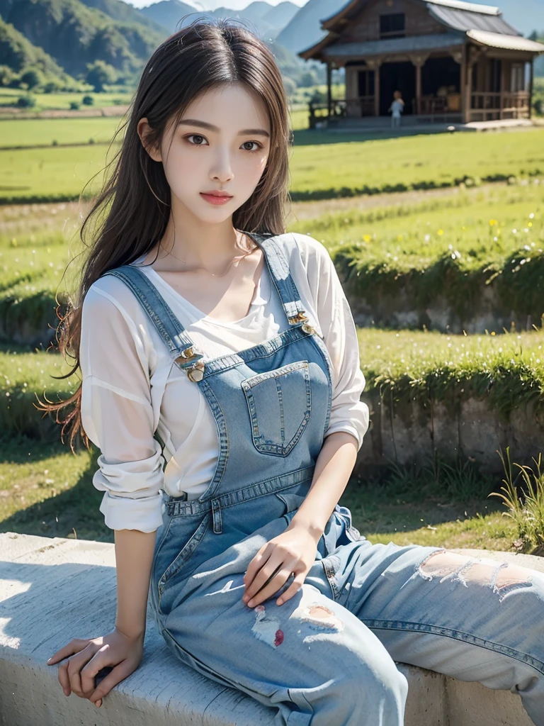 Imaginative thoughts on your dream girlfriend、Warm depiction,Envisioned as a dream lover and lifelong partner。She embodies the simplicity of Chinese rural girls、Industrious,Integrated with wisdom、Beautiful and hard-working character。This artistic depiction shows her in a rural setting,Exuding sweetness、Romantic atmosphere。((She wears simple denim overalls and a white shirt)),Reflecting her humble origins and down-to-earth character。Her facial features are gentle and beautiful,The expression is kind、Tempting。The background is a picturesque rural landscape,Rolling hills、Fields and traditional country houses,Adds a sweet rustic romantic charm。The overall style blends realism and idealized rural beauty,embodies the dreamlike、The Essence of a Cute Country Girl, (floral watercolor painting:1.5),(Super high saturation, bright and vivid colors:1.5), (nsfw), (Look at the audience head-on:1.5)