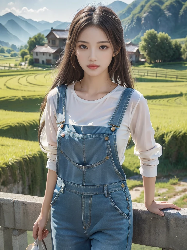 Imaginative thoughts on your dream girlfriend、Warm depiction,Envisioned as a dream lover and lifelong partner。She embodies the simplicity of Chinese rural girls、Industrious,Integrated with wisdom、Beautiful and hard-working character。This artistic depiction shows her in a rural setting,Exuding sweetness、Romantic atmosphere。((She wears simple denim overalls and a white shirt)),Reflecting her humble origins and down-to-earth character。Her facial features are gentle and beautiful,The expression is kind、Tempting。The background is a picturesque rural landscape,Rolling hills、Fields and traditional country houses,Adds a sweet rustic romantic charm。The overall style blends realism and idealized rural beauty,embodies the dreamlike、The Essence of a Cute Country Girl, (floral watercolor painting:1.5),(Super high saturation, bright and vivid colors:1.5), (nsfw), (Look at the audience head-on:1.5)
