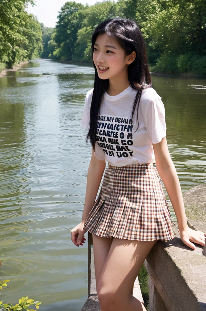 NSFW,Girls playing in the river,(Sheer white T-shirt, Checkered pleated mini skirt),, black hair