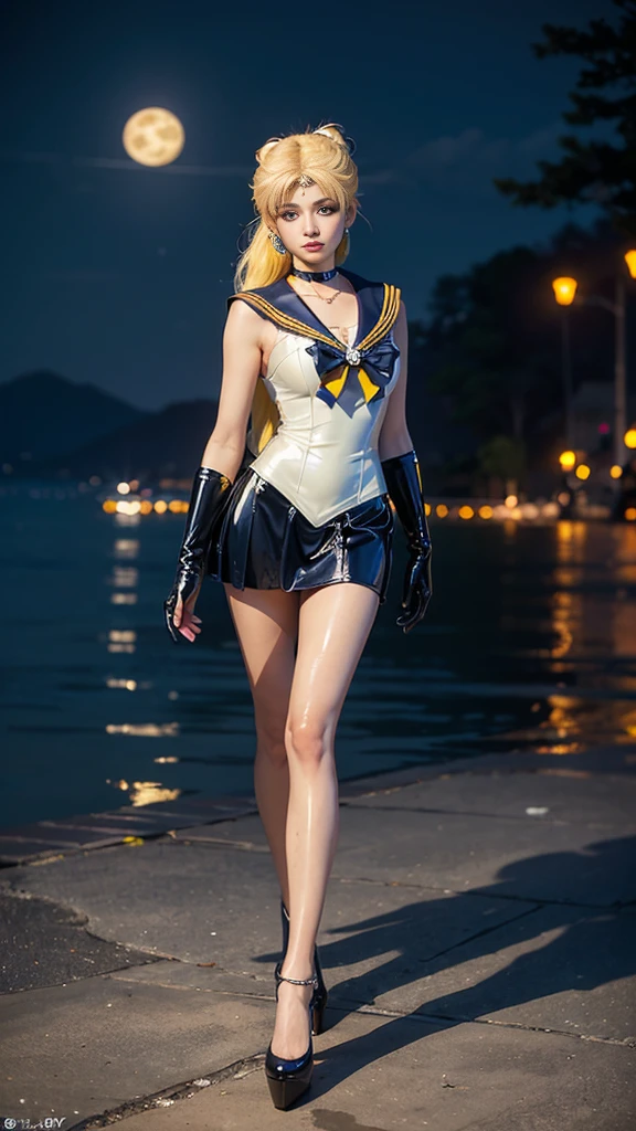 ((masterpiece:1.4)、(highest quality:1.4)、(Realistic:1.7))、Masterpiece:1.4、(Top-notch rendering:1.4)、beautiful girl、(Beautiful girl Sailor Moon 2:1.7)、MoonWild Rabbit、(Body Fit Sexy Sailor Warrior Uniform:1.4)、(Shiny latex:1.7)、(The jacket is a white sleeveless sailor suit....:1.4)、(Skirt Blue Sexy Ultra Ultra Pleated Mini Skirt:1.4)、The sailor suit collar has two thin blue lines...............:1.2、High leg swimsuit、Red cloth decoration on chest:1.2、(Wearing white gloves)、Cute Girl、Super Beauty、Sharp Focus、Portrait Photography:1.4、8K、Photorealistic images:1.4、(Perfect female body:1.4)、Perfect proportions、(Full body photography:1.4)、Beautiful Face、Beautiful Eyes、(Narrow waist:1.4)、(9-body proportions beautiful girl:1.4)、(A beautiful girl with long legs and a good figure:1.4)、Beautiful feet:1.2、(Yellow Hair:1.4)、(Long Hair:1.2)、(ponytail:1.2)、Beautiful breasts、Large Breasts:1.2、sexy ass、Raw photo、Red lips、Red high heels:1.4、choker:1.4、necklace:1.4、Earrings:1.4、Gorgeous golden tiara:1.4、1 Screen Display:1.4、moon、universe、spaceship、Universe Station、City of the Future