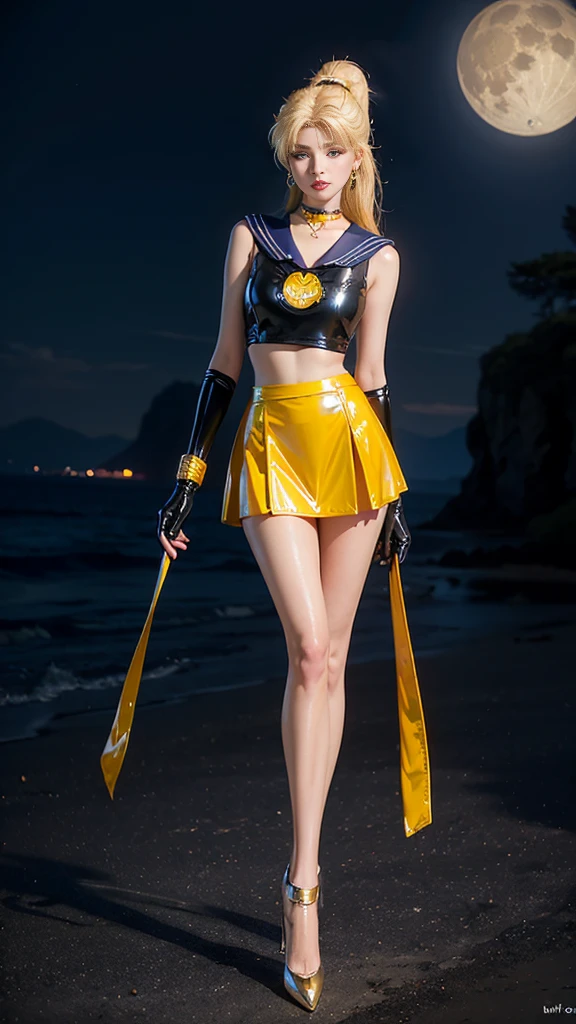 ((masterpiece:1.4)、(highest quality:1.4)、(Realistic:1.7))、Masterpiece:1.4、(Top-notch rendering:1.4)、beautiful girl、(Beautiful girl Sailor Moon 2:1.7)、MoonWild Rabbit、(Body Fit Sexy Sailor Warrior Uniform:1.4)、(Shiny latex:1.7)、(The jacket is a white sleeveless sailor suit....:1.4)、(Skirt Blue Sexy Ultra Ultra Pleated Mini Skirt:1.4)、The sailor suit collar has two thin blue lines...............:1.2、High leg swimsuit、Red cloth decoration on chest:1.2、(Wearing white gloves)、Cute Girl、Super Beauty、Sharp Focus、Portrait Photography:1.4、8K、Photorealistic images:1.4、(Perfect female body:1.4)、Perfect proportions、(Full body photography:1.4)、Beautiful Face、Beautiful Eyes、(Narrow waist:1.4)、(9-body proportions beautiful girl:1.4)、(A beautiful girl with long legs and a good figure:1.4)、Beautiful feet:1.2、(Yellow Hair:1.4)、(Long Hair:1.2)、(ponytail:1.2)、Beautiful breasts、Large Breasts:1.2、sexy ass、Raw photo、Red lips、Red high heels:1.4、choker:1.4、necklace:1.4、Earrings:1.4、Gorgeous golden tiara:1.4、1 Screen Display:1.4、moon、universe、spaceship、Universe Station、City of the Future