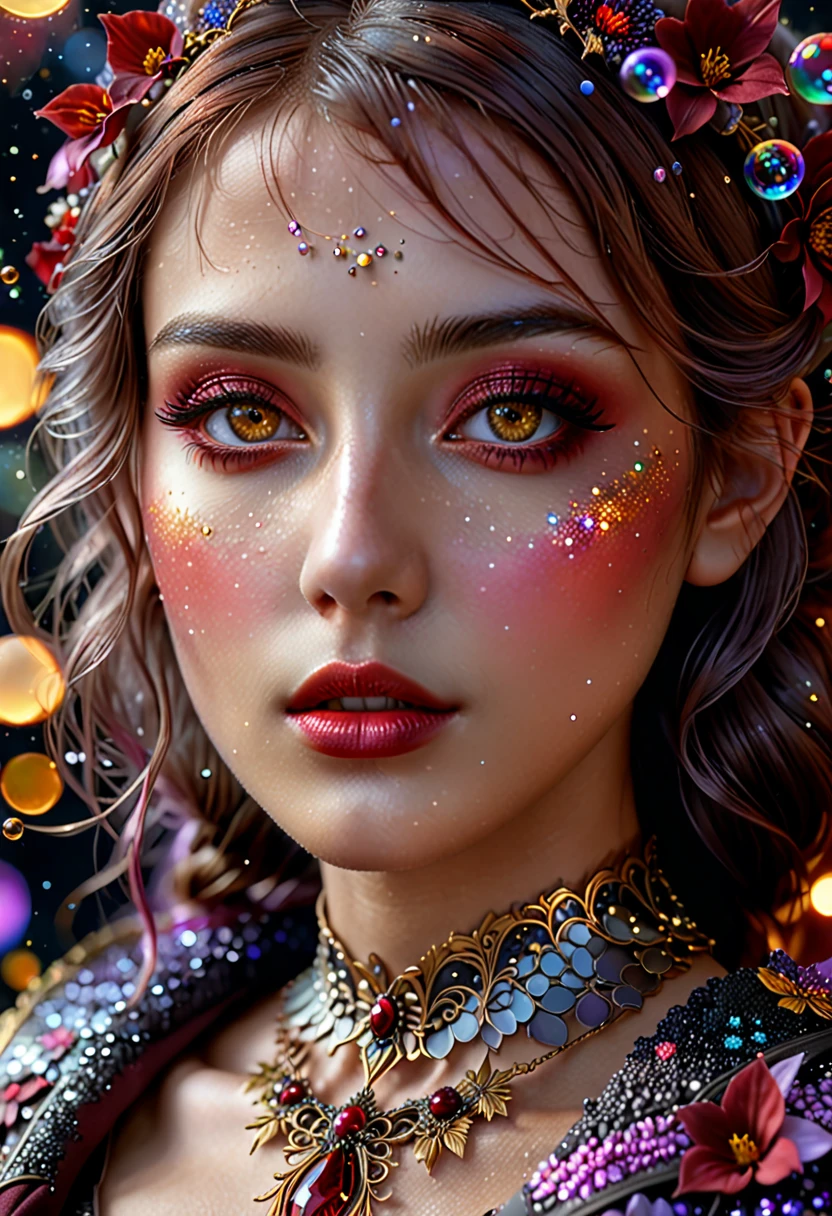 photorealistic in 32K quality, Fantasy, Artistic, A delicate fairy with mature features, puffy lips, and stunning realistic eyes, (ultra absurd quality, extremely detailed detail, ultra resolution, clear sharp focus, not blurry, (Realistic brown_eyes:1.3))), perfect dark_eyeshadows:1.2, super Detailed, beautiful little nose, actively exploring a world filled with dark shades of black, grey, red, maroon, burgundy, and lavender, High-definition close-up portrait centered on her highly detailed and beautiful face, amidst a setting rich in details like stars, galaxies, colorful bubbles, and petals, all enhanced by iridescence and glittering wind carrying pollen, 8K resolution, intricate, elegant, highly detailed, majestic, digital photography