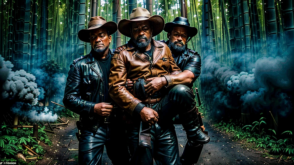 The Captain of the Forest -- leather jacket, long pants and hunter's boots, with a straw hat, closed, he is wounded and is carried on the shoulders of men = one on the left side, the other on the right side - - a lot of smoke - he is carried by two henchmen - a lot of smoke - the captain of the forest carried by henchmen gets up from the ground - leaving the forest in the background a bamboo grove