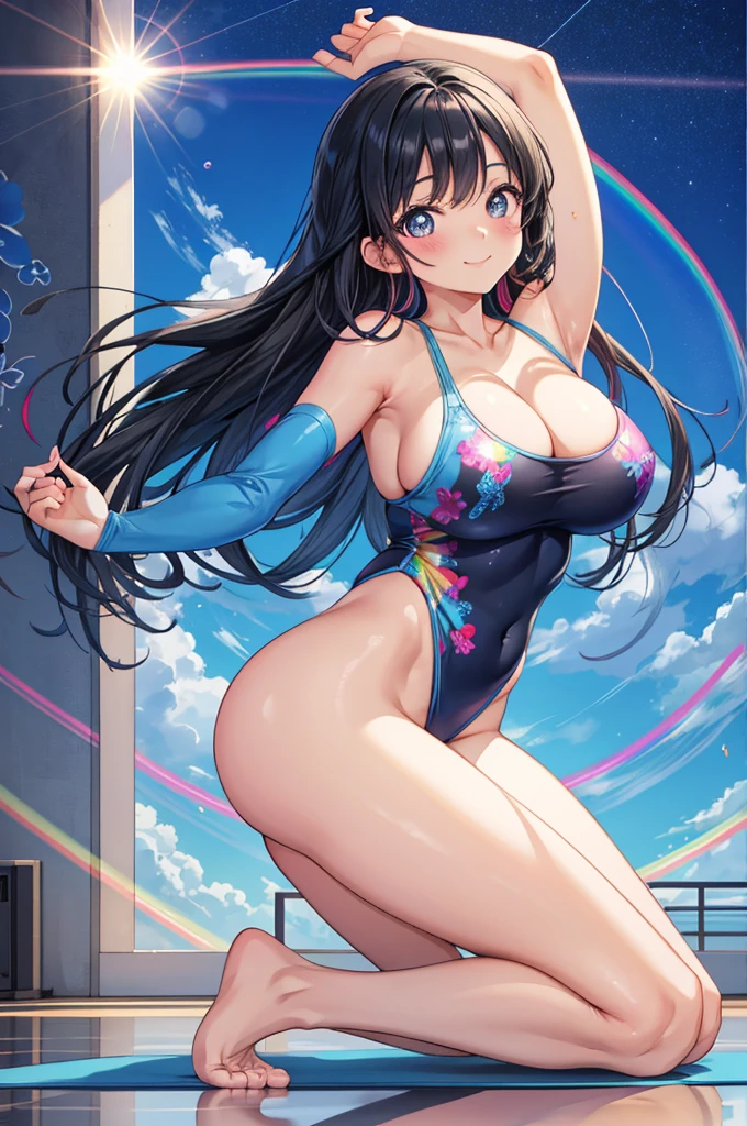 photo of 1 jpn-girls,crowd, large breast, yoga class, wearing glossy sky-blue colorful rhythmic-gymnastics-leotard, rainbow print, cleavage, body-fit, thighs, bare-legs, big anime eyes with shiny reflection, innocent smile, black hair,long hair,(full body shot)