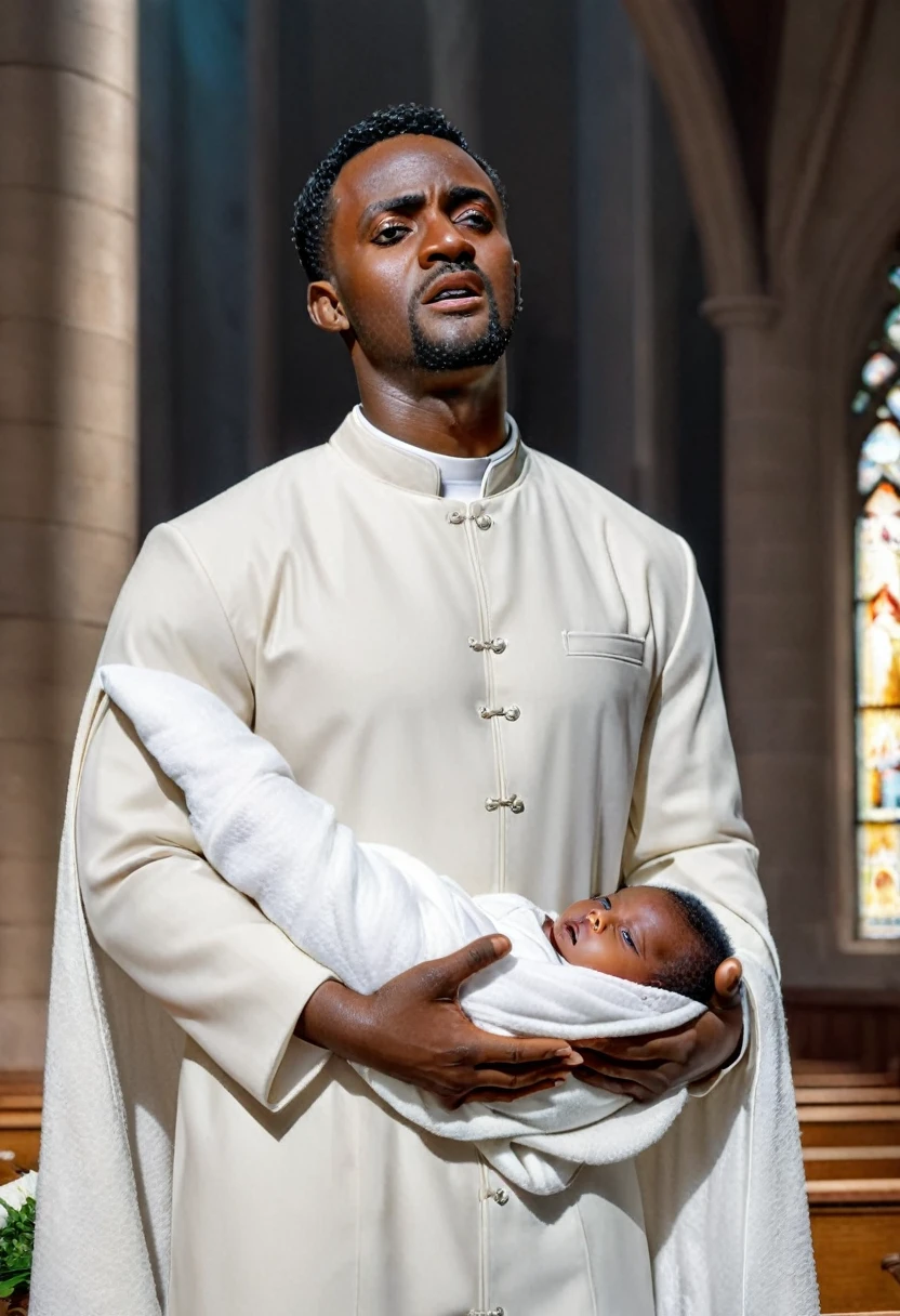 An ultra realistic church altar, Gothic style, in front of the pupto in the center we have a black man, holding a newborn baby wrapped in a white blanket, on the left side we have a priest with open arms with an astonished look and on the right side a choir with white clothes and white veils looking at the man with an appearance of fear. The man in the red blazer and red hat holds the baby as if he was going to baptize it