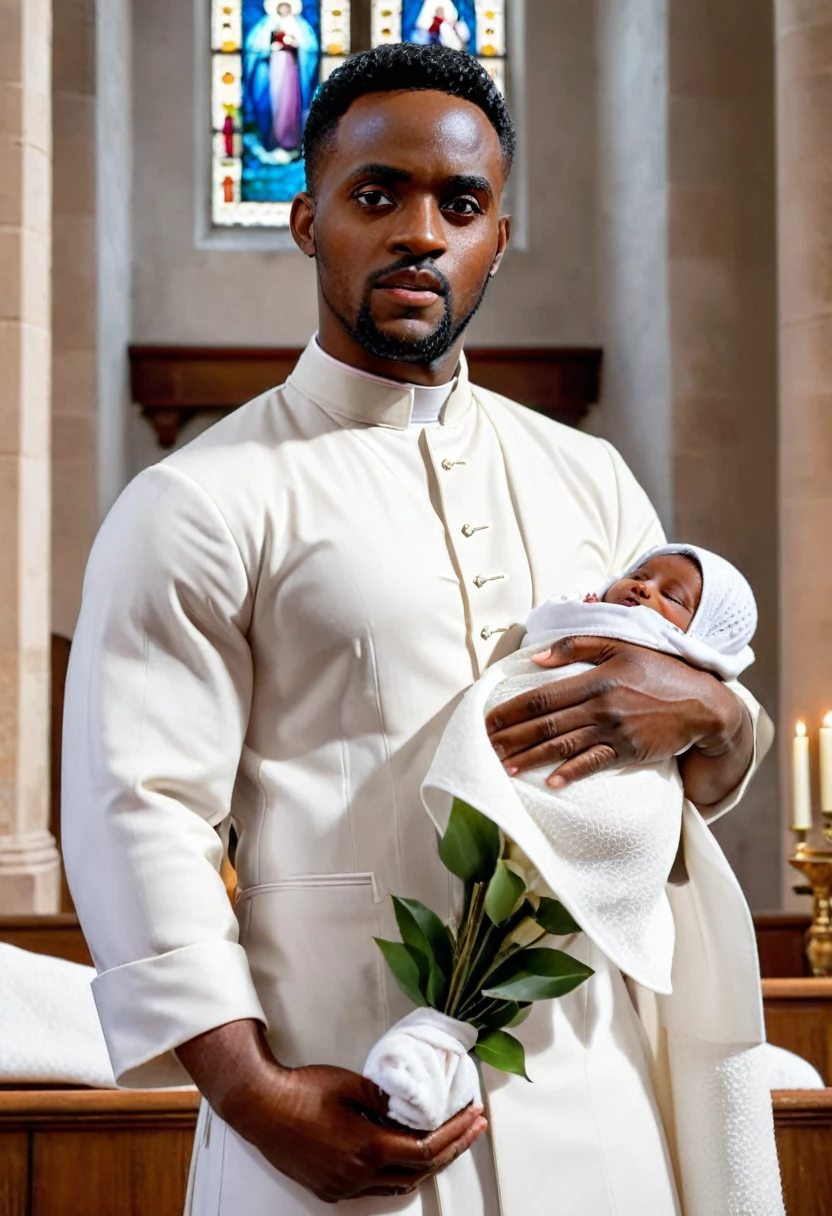 An ultra realistic church altar, Gothic style, in front of the pupto in the center we have a black man, holding a newborn baby wrapped in a white blanket, on the left side we have a priest with open arms with an astonished look and on the right side a choir with white clothes and white veils looking at the man with an appearance of fear. The man in the red blazer and red hat holds the baby as if he was going to baptize it