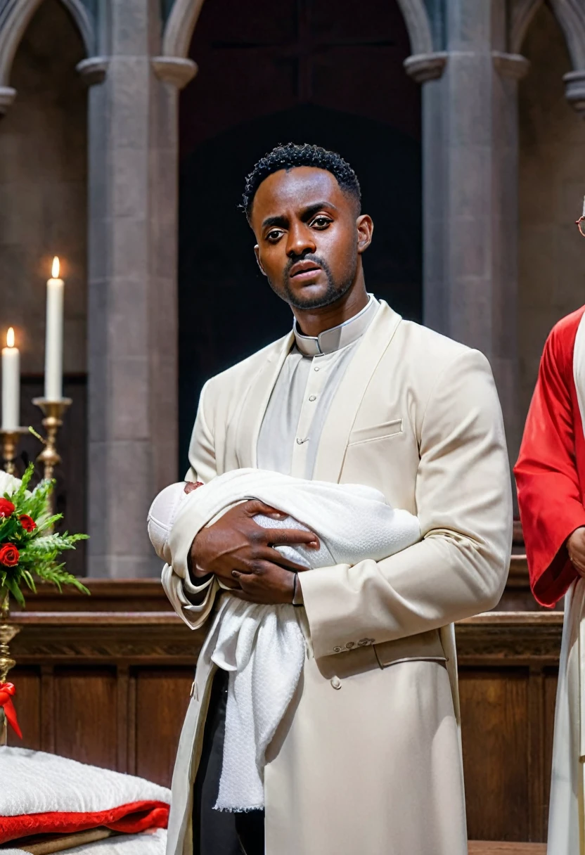 An ultra realistic church altar, Gothic style, in front of the pupto in the center we have a black man, holding a newborn baby wrapped in a white blanket, on the left side we have a priest with open arms with an astonished look and on the right side a choir with white clothes and white veils looking at the man with an appearance of fear. The man in the red blazer and red hat holds the baby as if he was going to baptize it