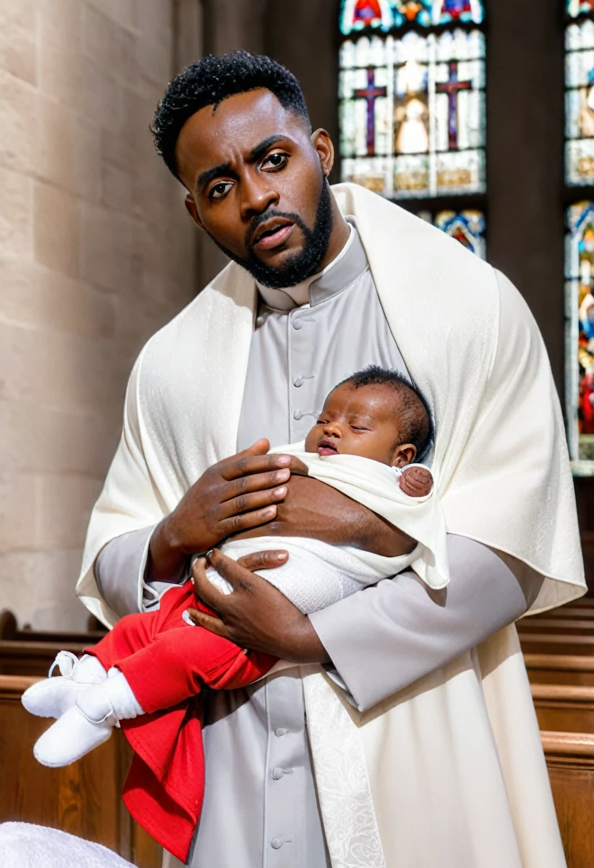 An ultra realistic church altar, Gothic style, in front of the pupto in the center we have a black man, holding a newborn baby wrapped in a white blanket, on the left side we have a priest with open arms with an astonished look and on the right side a choir with white clothes and white veils looking at the man with an appearance of fear. The man in the red blazer and red hat holds the baby as if he was going to baptize it