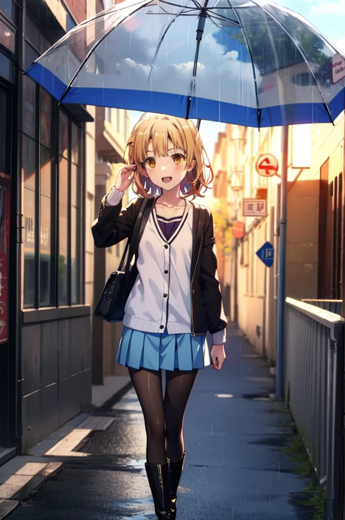 Irohaisshiki, isshiki iroha, short hair, Brown Hair, (Brown eyes:1.5), happy smile, smile, Open your mouth,blush,Riders jacket　Open front,V-neck shirt,mini skirt,Black pantyhose,short boots,Walking,He is holding the grip of a black umbrella in his right hand.,rain,cloudy,Walking,whole bodyがイラストに入るように,
break outdoors, Building district,crowd, people々々,
break looking at viewer,whole body,
break (masterpiece:1.2), Highest quality, High resolution, unity 8k wallpaper, (figure:0.8), (Beautiful attention to detail:1.6), Highly detailed face, Perfect lighting, Highly detailed CG, (Perfect hands, Perfect Anatomy),