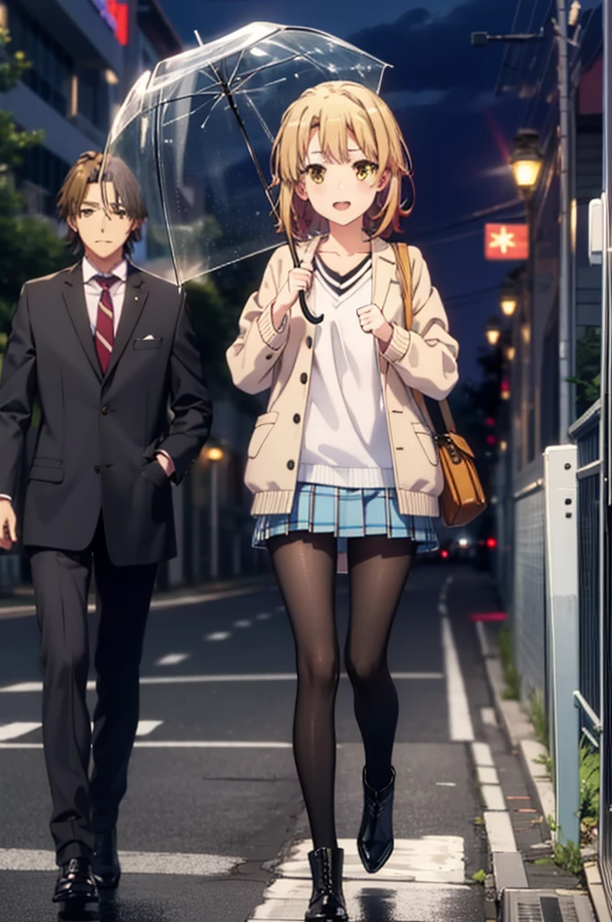 Irohaisshiki, isshiki iroha, short hair, Brown Hair, (Brown eyes:1.5), happy smile, smile, Open your mouth,blush,Riders jacket　Open front,V-neck shirt,mini skirt,Black pantyhose,short boots,Walking,He is holding the grip of a black umbrella in his right hand.,rain,cloudy,Walking,whole bodyがイラストに入るように,
break outdoors, Building district,crowd, people々々,
break looking at viewer,whole body,
break (masterpiece:1.2), Highest quality, High resolution, unity 8k wallpaper, (figure:0.8), (Beautiful attention to detail:1.6), Highly detailed face, Perfect lighting, Highly detailed CG, (Perfect hands, Perfect Anatomy),