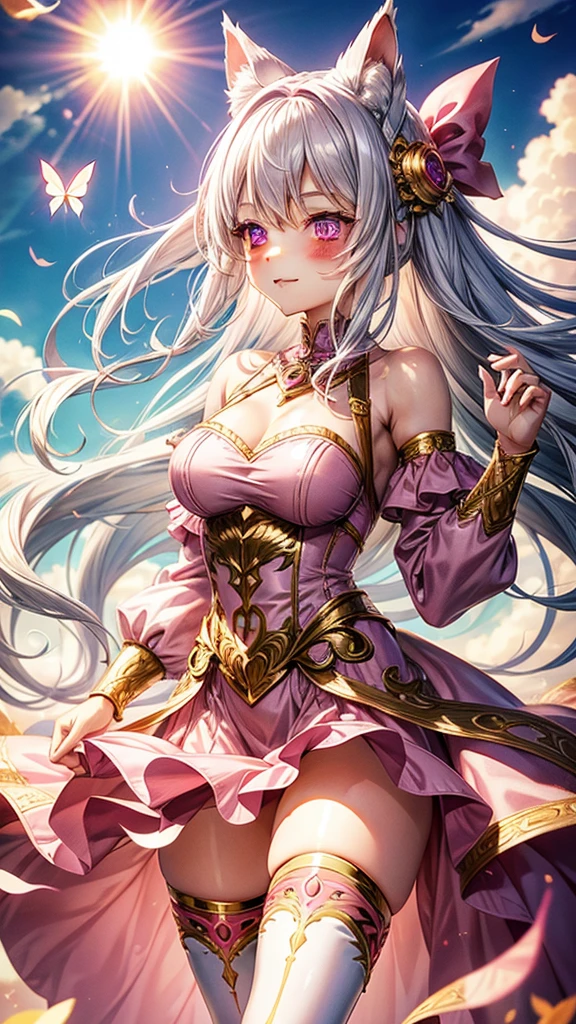 Silver hair, pink eyes, woman, sun and cloud background, pink and gold clothes, hair bows, happy face, long dress outfit, sexy, cat ears, floating butterflies, thigh up, thigh high tights