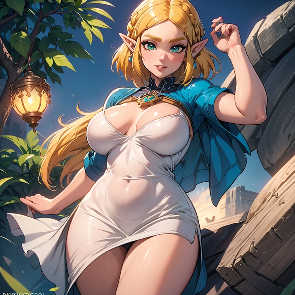 A Mature Woman with long hair in blue and beige clothing holding a modeling pose, warrior, Zelda, full body Portrait of Zelda, Zelda legend, Photos cosplay, Ornate Cosplay, Professional Cosplay, Cosplay, Full Cosplay, Artgerm Moody Photography, Princess Zelda, Zelda as Triforce, Hyrule, Anime Garota Cosplay, ray-traced, 3d-render, extremely detailed, high quality, realistic light and shadow, hair loiros, eye reflection, slight smile, (Ultra Quality,Unparalleled Masterpiece:1.4)Overwhelmingly Pixel-Perfect,Ultra-Detailed CG 4K,(Ultra-Detailed Clear Absurdly-Vivid Jade Big Eyes:1.2),Gorgeous Round Detailed Face(Voluptuous:1.4)Elf(big Breasts:1.8)(Voluminous Long Blonde Hair: 1.4),ADULT(Bangs, Sidelocks:1.2)Seductive(intricately detailed white dress:1.3)(Zelda)(Celestine Lucullus: 1.2)(Solo:1.4)(1Girl: 0.5)(Facing Viewer:1.2)(arms behind back:1.2)(Cowboy Shot:1.2)(from above:1.1),Skindentation(Curvaceous:1.4)(Curvy:1.4)(Bimbo: 1.4)(Normal Waist: 1.2)(Thick Lips: 1.3)small-nose(light smile: 1.2)Rocks,Trees, Plants,Bush,Color Graded