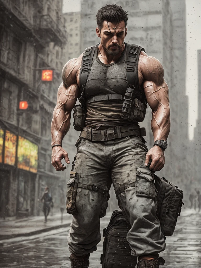 strong muscular man, street angry, backpack, epic realistic, photo, faded, complex stuff around, intricate background, soaking wet, neutral colors, ((((hdr)))), ((((muted colors)))), intricate scene, artstation, intricate details, vignette