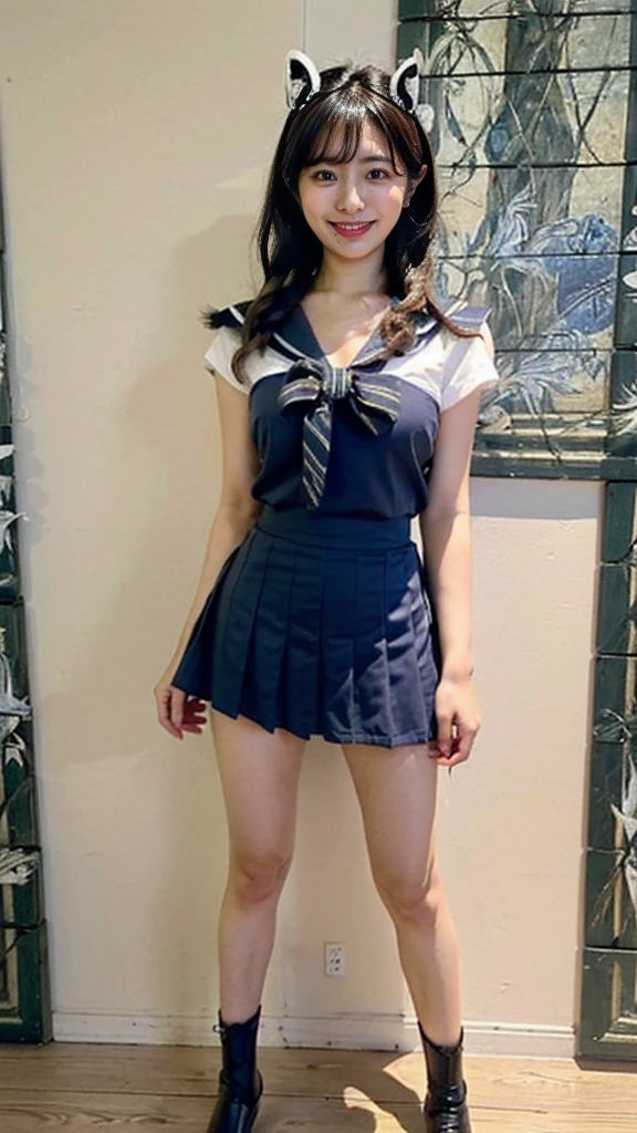 (8K、RAW Photos、Highest quality、masterpiece:1.2)、(Realistic、Realistic)、1 girl、((Sailor Warrior Outfits:1.5、With pubic hair、Large Breasts、Full body from the front、Standing with hands lifting skirt 、、Lots of eyelashes、Glowing eyelids、skeletally correct、smile、This photo will awaken boys to sex,no panties