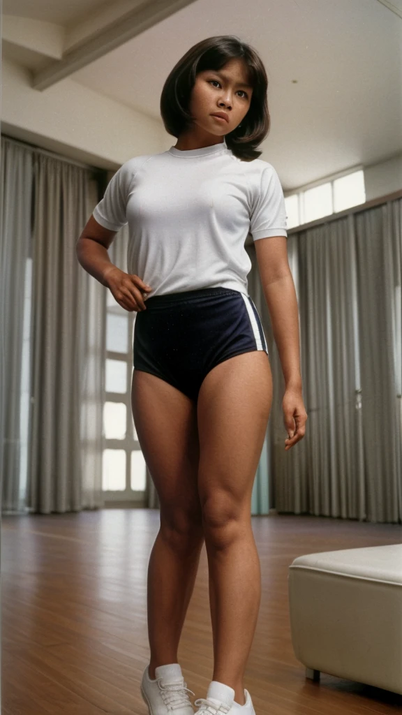 Indonesian woman in gym uniform full body standing, best quality, masterpiece 1980s style