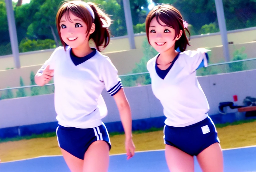 two twins, physical education teachers, one of them is brunette and the other is blonde, the two do different movements as a way of encouraging physical exercise, all of this takes place in the school environment
