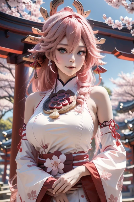 pink hair,masterpiece,extremely detailed,CG,2k wallpaper,Amazing,finely detail,extremely detailed CG unity 8k wallpaper,huge filesize,ultra-detailed,shenzi,1 girl,cosplay,Yaeko Nogi (Tokyo 7th Sisters),bright smile,confident eyes,(long flowing hair:1.1),traditional shrine maiden outfit,red and white colors,tied-up hair,red ribbon,cherry blossom petals,torii gate background,holding a sacred staff,elegant posture,focused expression,outdoor shrine setting.,