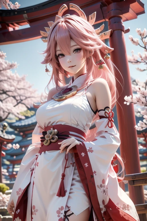 pink hair,masterpiece,extremely detailed,CG,2k wallpaper,Amazing,finely detail,extremely detailed CG unity 8k wallpaper,huge filesize,ultra-detailed,shenzi,1 girl,cosplay,Yaeko Nogi (Tokyo 7th Sisters),bright smile,confident eyes,(long flowing hair:1.1),traditional shrine maiden outfit,red and white colors,tied-up hair,red ribbon,cherry blossom petals,torii gate background,holding a sacred staff,elegant posture,focused expression,outdoor shrine setting.,
