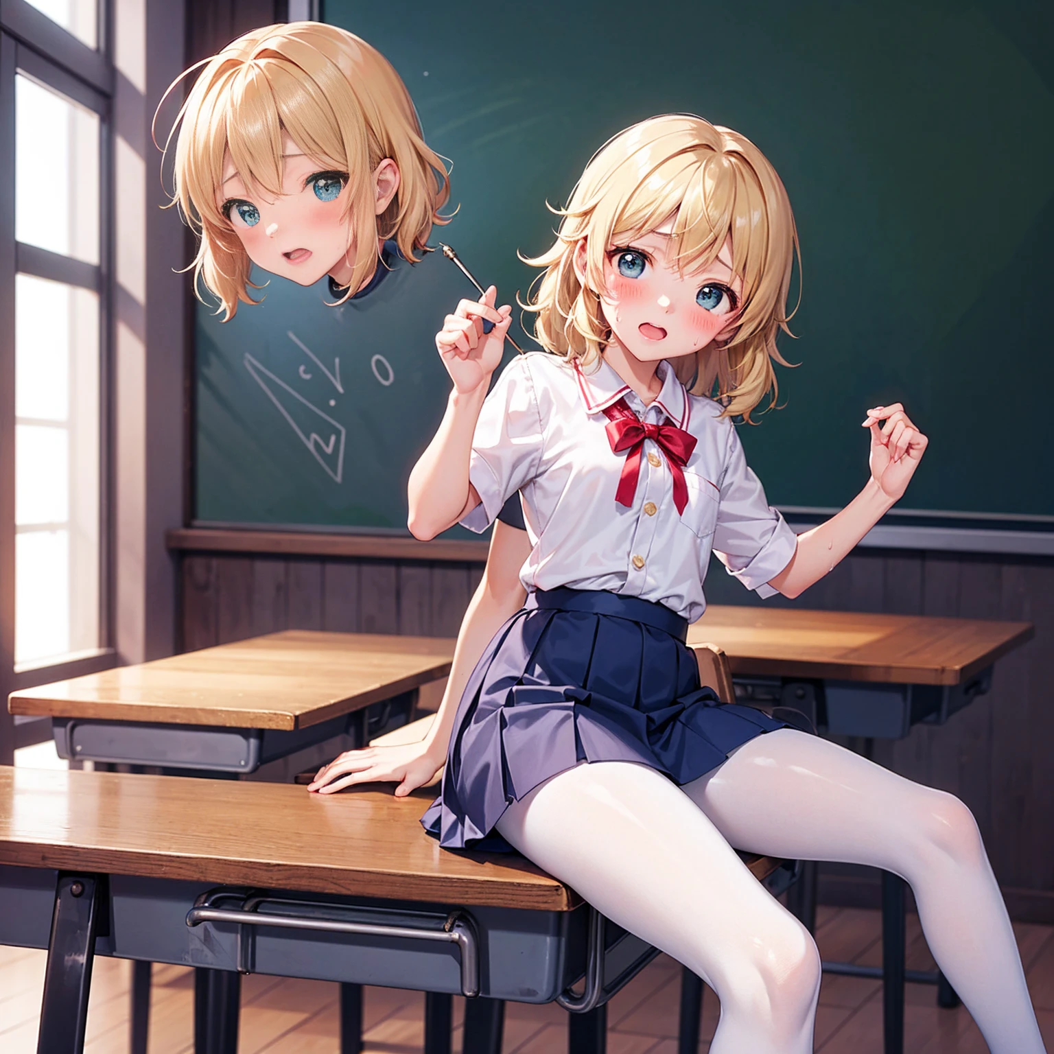 Highest quality,Highest quality,One girl,One boy,((((10 years old)))),Flat Chest,orgasm,blush, Sweat, Sakurai Momoka,Blonde,White Sarah Outfit,Navy Blue Skirt, Not a pleated skirt,whole body,classroom, Grey pantyhose、Flipping up a navy blue skirt、Spread your legs