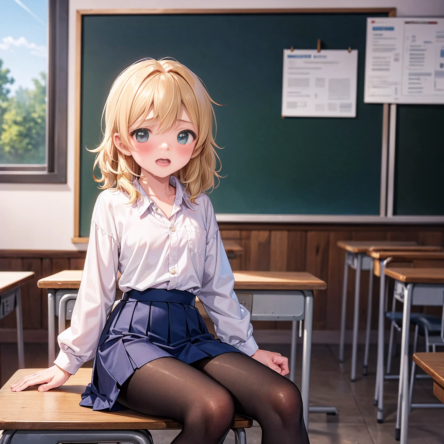 Highest quality,Highest quality,One Girl,One boy,((((************)))),Flat Chest,orgasm,blush, Sweat, Sakurai Momoka,blonde,White Sarah Outfit,Navy Blue Skirt, It is not a pleated skirt,whole body,classroom, White Pantyhose、Navy Blue Skirtをめくる、Spread your legs