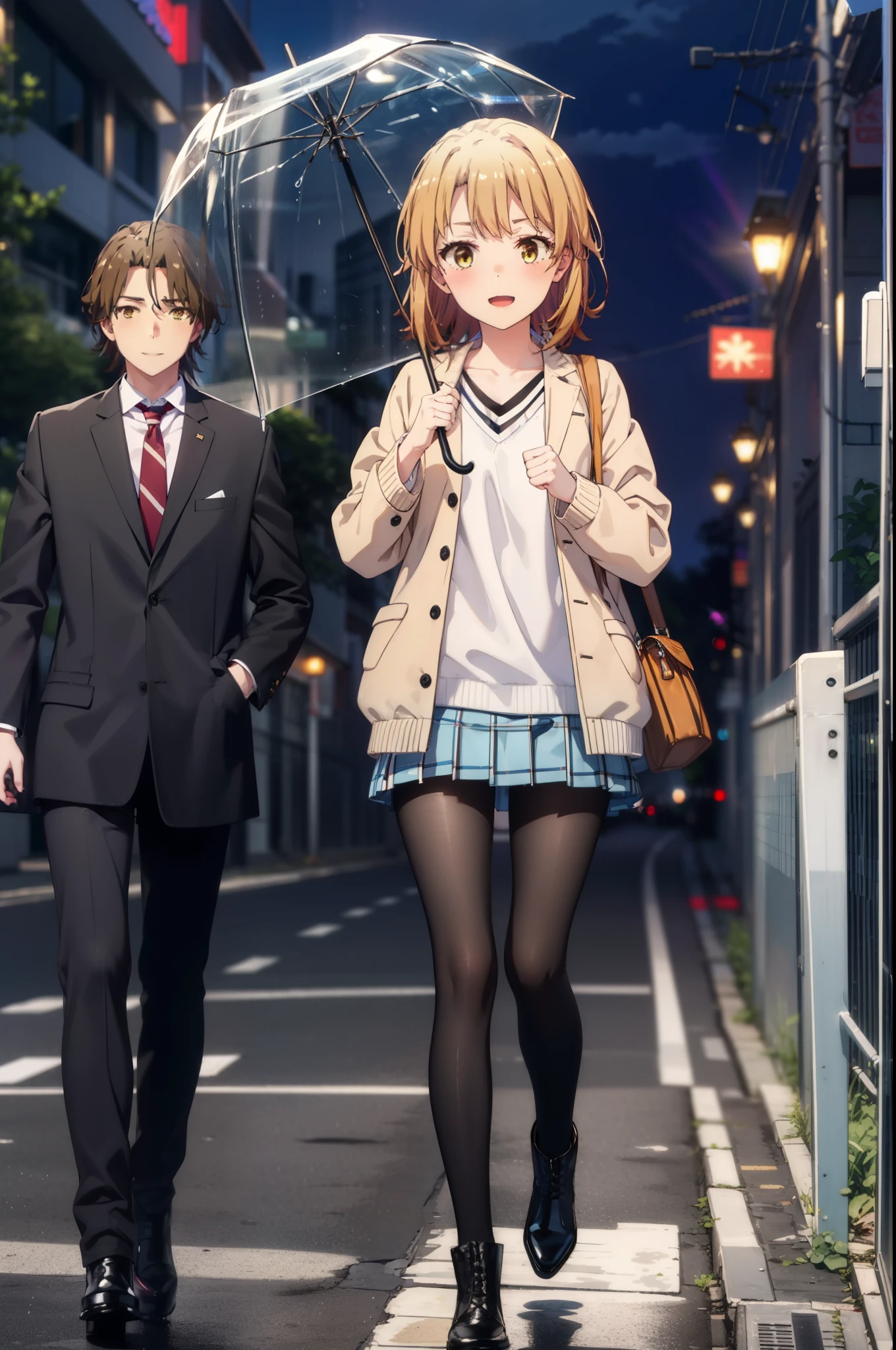 Irohaisshiki, isshiki iroha, short hair, Brown Hair, (Brown eyes:1.5), happy smile, smile, Open your mouth,blush,Riders jacket Open front,V-neck shirt,mini skirt,Black pantyhose,short boots,Walking,He is holding the grip of a black umbrella in his right hand.,rain,cloudy,Walking,whole bodyがイラストに入るように,
break outdoors, Building district,crowd, people々々,
break looking at viewer,whole body,
break (masterpiece:1.2), Highest quality, High resolution, unity 8k wallpaper, (figure:0.8), (Beautiful attention to detail:1.6), Highly detailed face, Perfect lighting, Highly detailed CG, (Perfect hands, Perfect Anatomy),