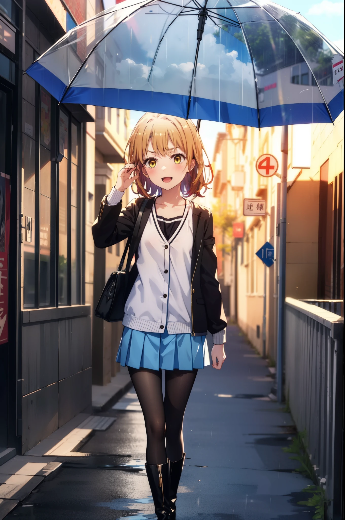 Irohaisshiki, isshiki iroha, short hair, Brown Hair, (Brown eyes:1.5), happy smile, smile, Open your mouth,blush,Riders jacket　Open front,V-neck shirt,mini skirt,Black pantyhose,short boots,Walking,He is holding the grip of a black umbrella in his right hand.,rain,cloudy,Walking,whole bodyがイラストに入るように,
break outdoors, Building district,crowd, people々々,
break looking at viewer,whole body,
break (masterpiece:1.2), Highest quality, High resolution, unity 8k wallpaper, (figure:0.8), (Beautiful attention to detail:1.6), Highly detailed face, Perfect lighting, Highly detailed CG, (Perfect hands, Perfect Anatomy),