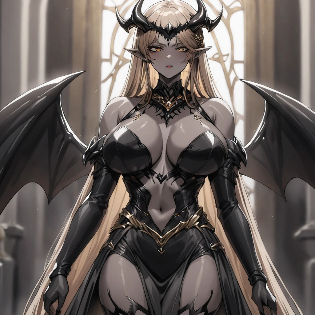 ((Highest quality)), ((masterpiece)), (detailed), （Perfect Face）、The woman is a sexy devil with jet black skin、The woman is a jet-black female demon with magnificent devil horns, jet-black devil wings, and a jet-black tail. Her skin is jet-black, and she is wearing a luxurious and elegant decorated voluminous black gothic dress befitting a great demon queen. She is the jet-black demon Princess Leona, with medium-long light brown hair, and is a demon in both body and mind.、The woman is the wife of a dignified and powerful demon king, her beloved husband.