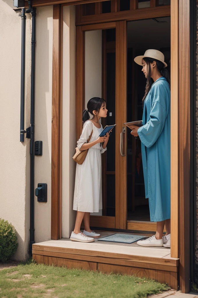 Image of a person selling paintings to another person at the door of their house
