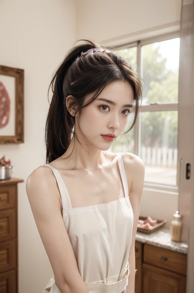 (((best quality))),(((ultra detailed))),(((masterpiece))),illustration, 1girl,female butcher,solo,(short ponytail:1.2),((sweat,shiny skin)),((slim,thin,small breasts,flat chest)),((bare shoulder,bare arms)),(dirty apron covered in greasy stains:1.3),((gloves)), plainradiant face, hint of smile,standing,arms behind back,gentle and innocent nature,spacious warehouse, (The room was full filled with fresh meat:1.5), stark white walls, contrasting red and pink hues, Calm and composure, sense of warmth and humanity, natural lighting, sunlight, silhouette, delicate frame, graceful posture, unique and intriguing moment, resilience and adaptability of the human spirit,indoor,((upper body,from front))
