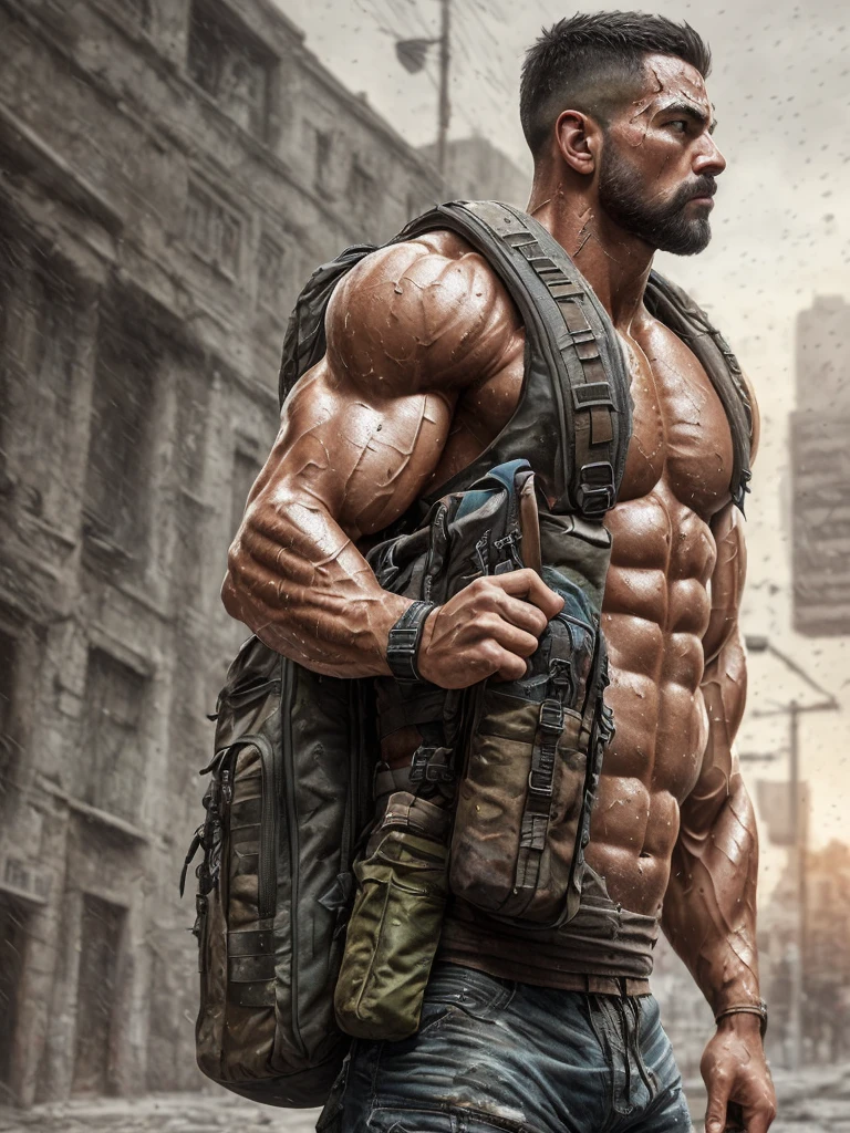 strong muscular man, street angry, backpack, epic realistic, photo, faded, complex stuff around, intricate background, soaking wet, neutral colors, ((((hdr)))), ((((muted colors)))), intricate scene, artstation, intricate details, vignette