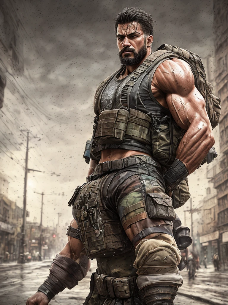 strong muscular man, street angry, backpack, epic realistic, photo, faded, complex stuff around, intricate background, soaking wet, neutral colors, ((((hdr)))), ((((muted colors)))), intricate scene, artstation, intricate details, vignette