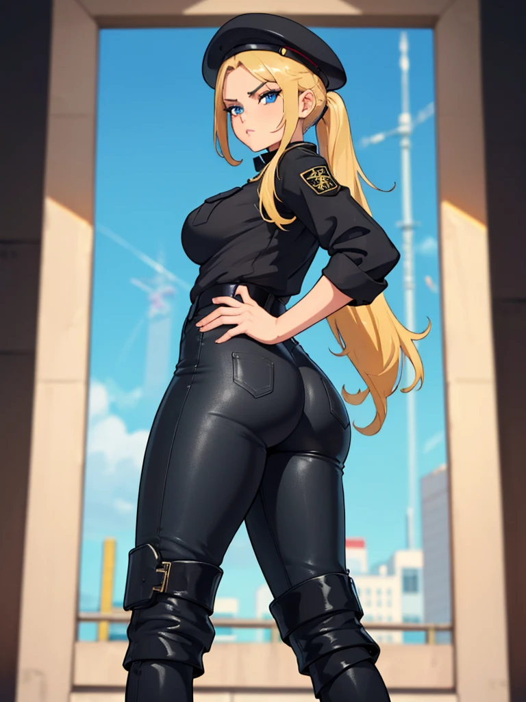 masterpiece, best quality, highres, intricate details, uhd, (((1girl))), ((standing in back position)), gorgeous police woman, standing confident, (looking serious at viewer), beret, long blonde ponytail, large blue eyes, lipstick, (very_detailed_face), tight black shirt, perfect body, long black pants, ((big ass)), black boots, ((blur_background:1.3)), big city scenery, splendid sunny day