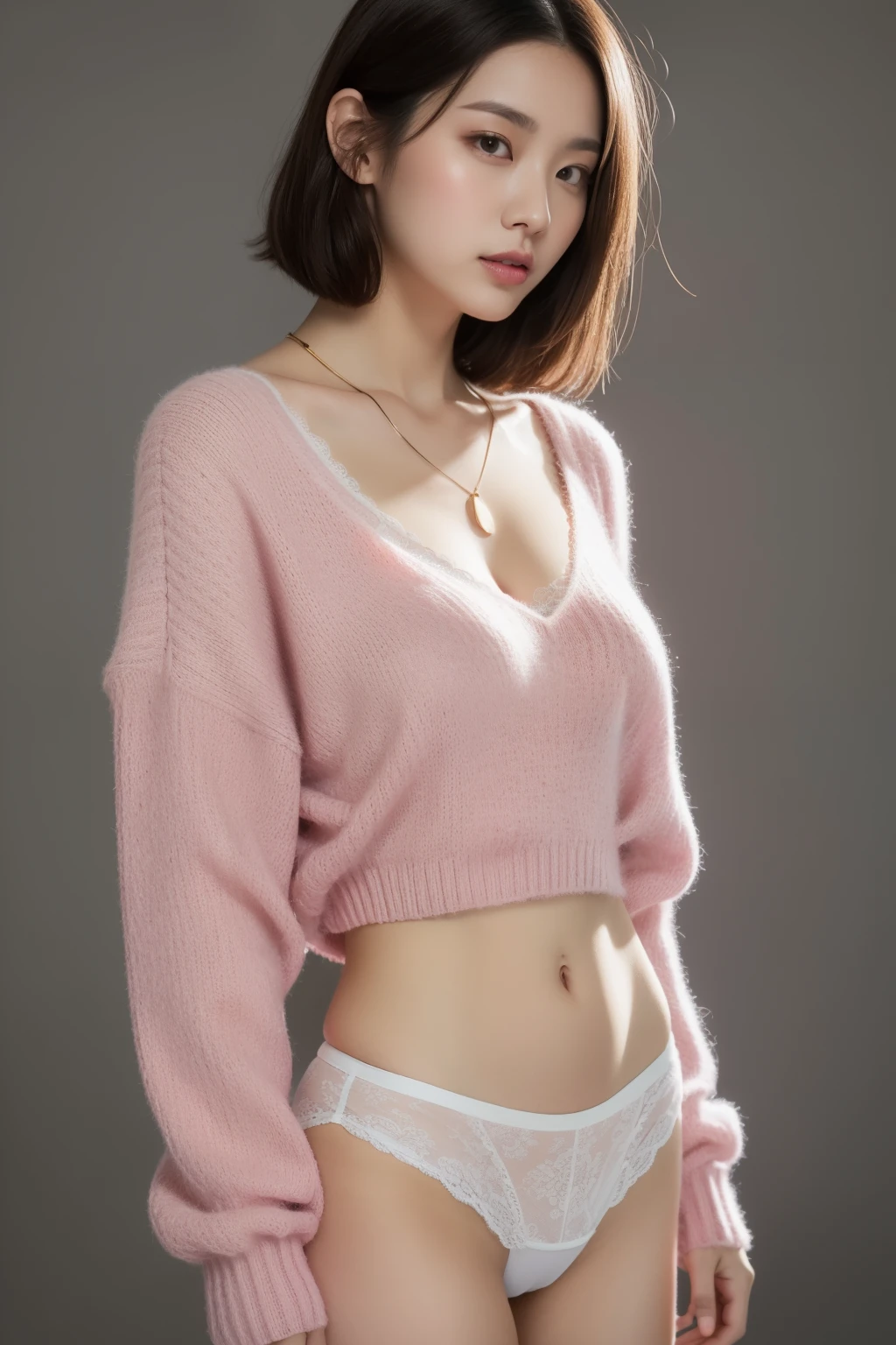asian lady (wearing white lingerie, cover with pink sweater), necklace, small breast, rounded shape breast, covered shirt((she)), ((mid-shot, full body, slender waist)), Hair Up Do、 Glowing eyes, nose blush, Carl Larsson, Alfonse Mucha, Chiaroscuro, Film Glenn, reflective light, (((long-Shot))), knee to top,show ((())), masterpiece, high details, ((gray background, studio light )) touch strap 