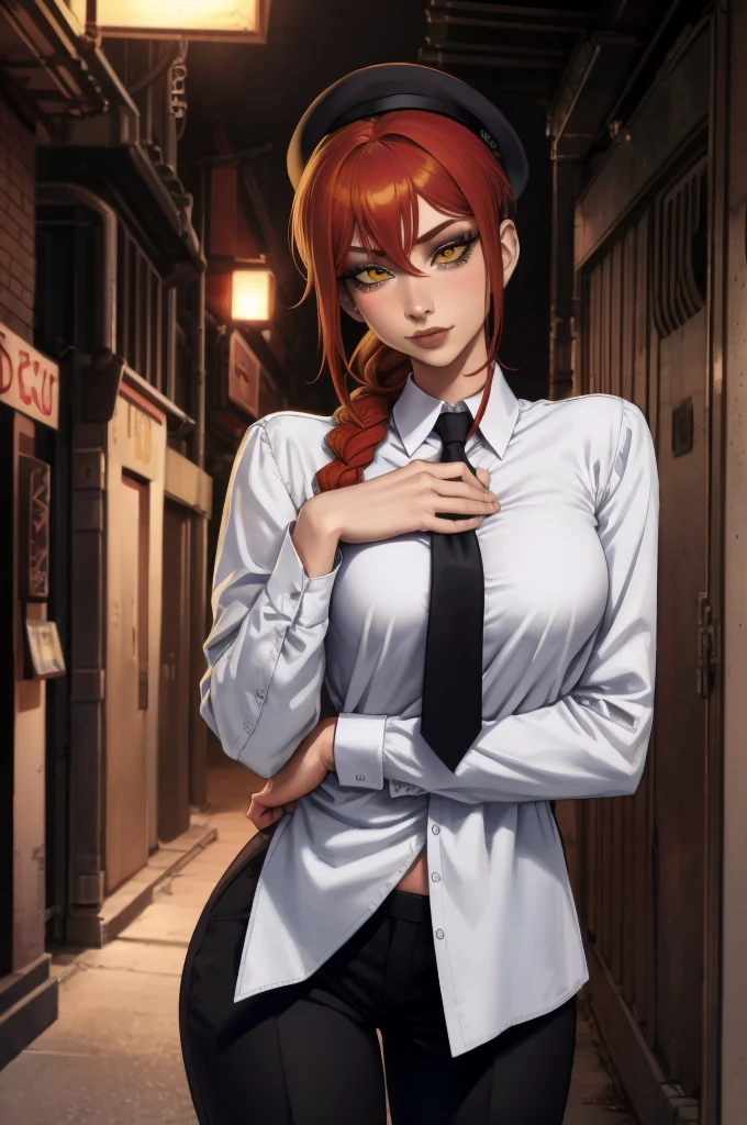 1 girl, (standing alone:1.2), (adjusting clothes:1.3), (looking at the viewer:1.5), necktie preta, (アニメ:1.2) (curved:1.2),, (work of art:1.3), (best qualityer:1.3), (Perfect Anatomia:1.4), highly detailded, , smooth shading, detailded, semi-realistic, Hands, long hair, ssmile, bangss, (yellow eyes:1.2), braid, Red hair, braided ponytail, surrounded eyes, chemise, long sleeves, white chemise, necktie, collared chemise, pants, black pants, formal, suit, black necktie, chemise tucked in, Secretary, (natta:1.5), (dark alley inside a big city:1.2), concrete, Poor lighting, (dystopian), redheadwear, olhos laranjas detaildeds,