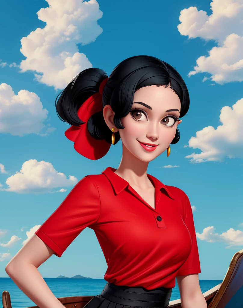 OliveOyl, short black hair with ponytail, black eyes, solo, upper body ,
red shirt , black long skirt, small earrings,
standing,    hips, 
smiling, waterboat,  sunny, clouds,
 (insanely detailed, beautiful detailed face, masterpiece, best quality)
 