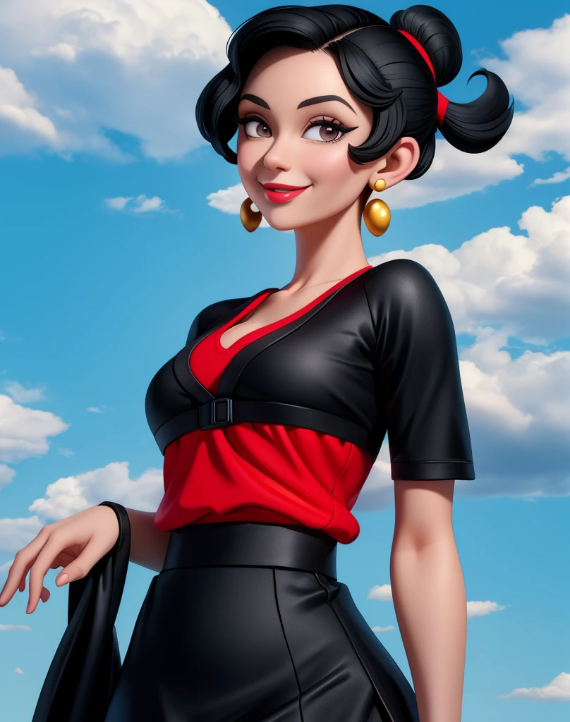 OliveOyl, short black hair with ponytail, black eyes, solo, upper body ,
red shirt , black long skirt, small earrings,
standing,    hips, 
smiling, waterboat,  sunny, clouds,
 (insanely detailed, beautiful detailed face, masterpiece, best quality)
 