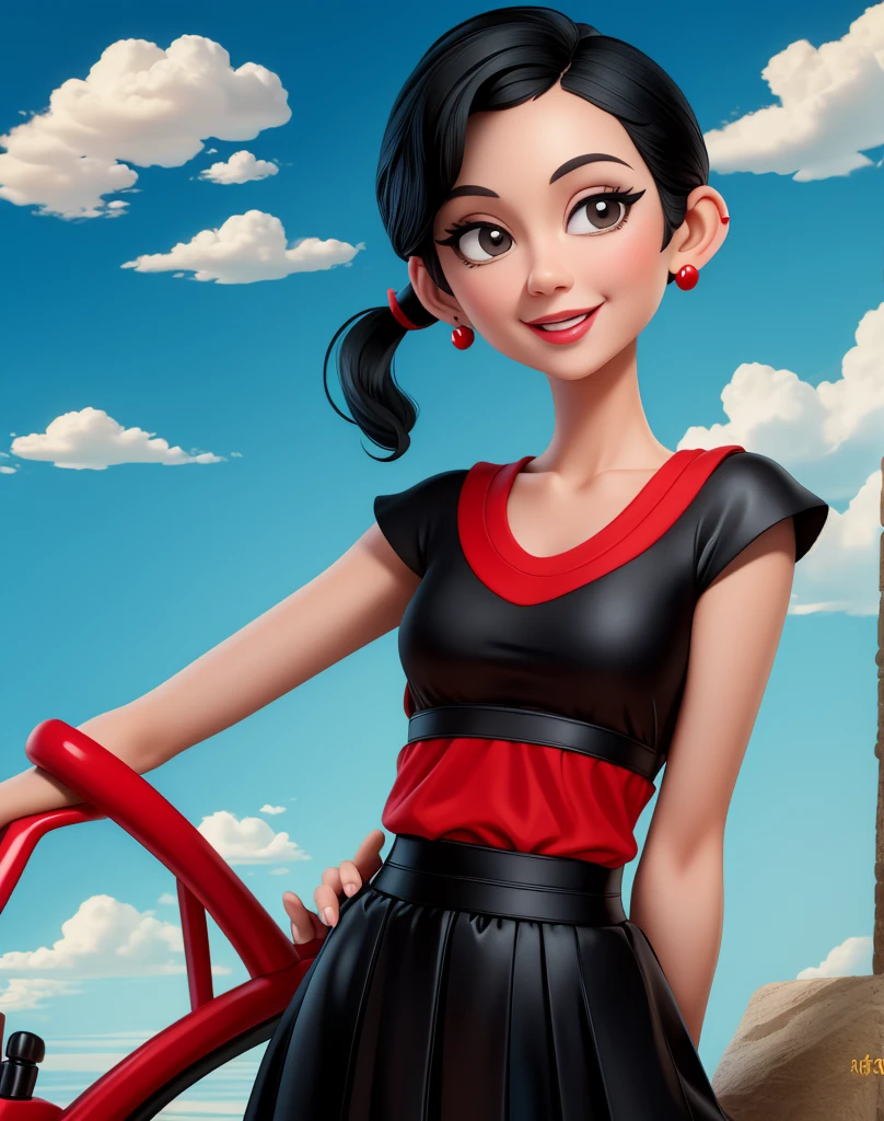 OliveOyl, short black hair with ponytail, black eyes, solo, upper body ,
red shirt , black long skirt, small earrings,
standing,    hips, 
smiling, waterboat,  sunny, clouds,
 (insanely detailed, beautiful detailed face, masterpiece, best quality)
 